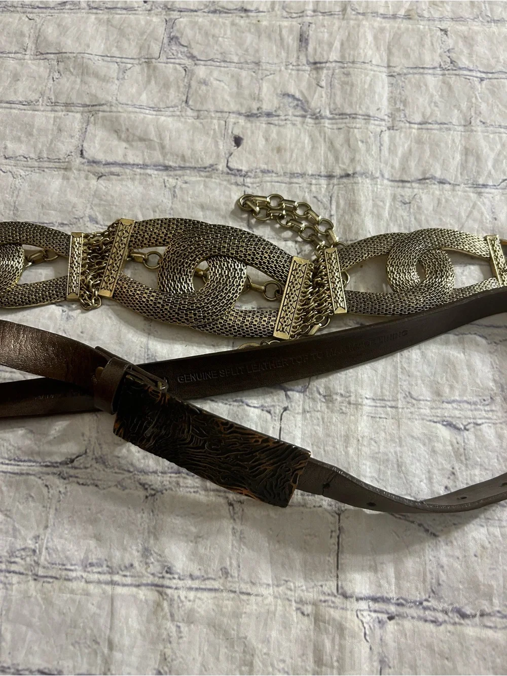 CHICO’S (2) UNIQUE STYLES GOLD CHAIN EMBELLISHED AND BROWN LEATHER BELTS